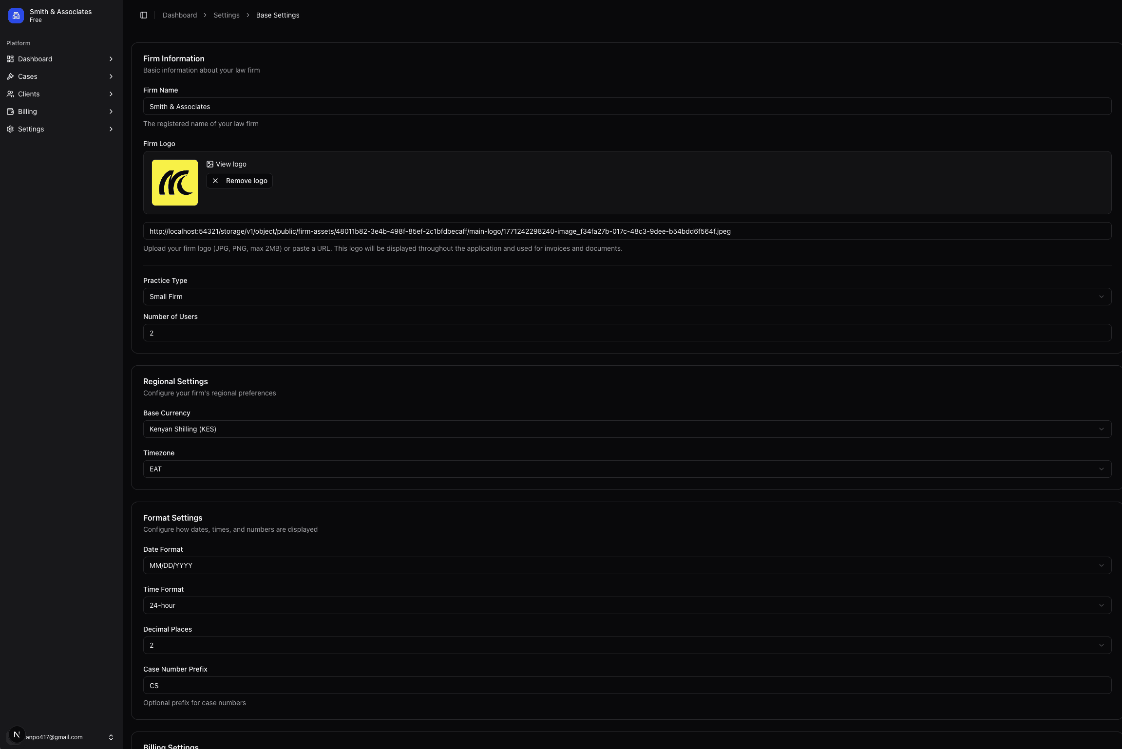 Screenshot of the Kesi firm profile settings form.