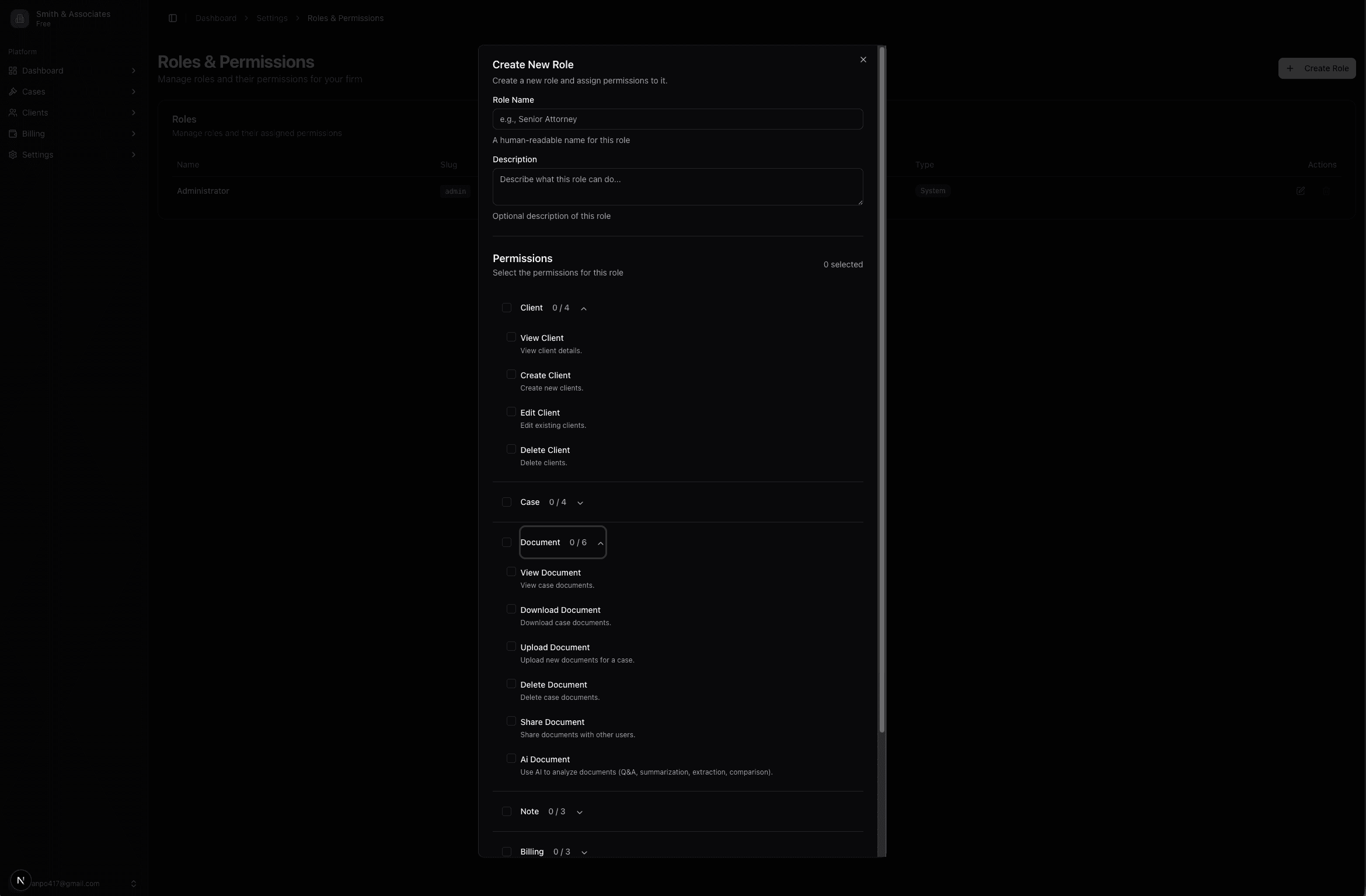 Screenshot of the roles and permissions configuration screen showing different access levels.